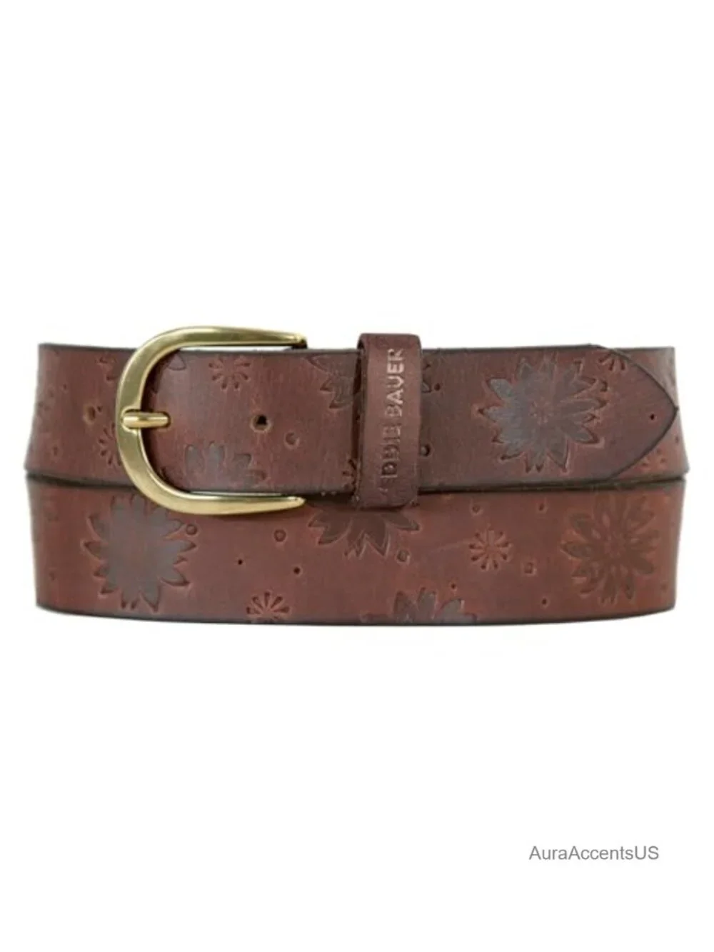 Women's Casual Leather Belt with Tooled Floral Pattern, Metal Buckle